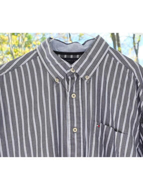 Tommy Hilfiger Men's Sz L Gray White Stripe Button Down Long Sleeve Shirt Cotton